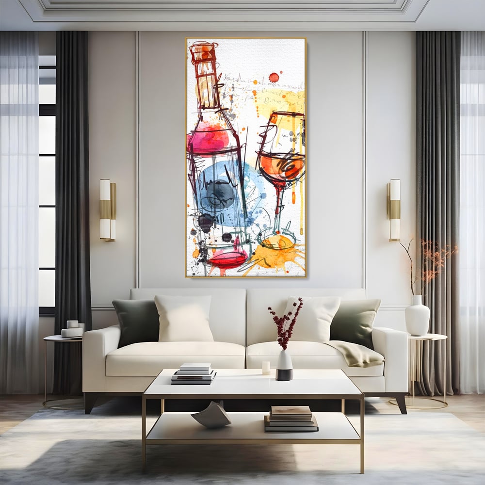 Tablou canvas cu tablou canvas cu sticla si pahar de vin, in rama de aluminiu auriu, pe perete intr-un living